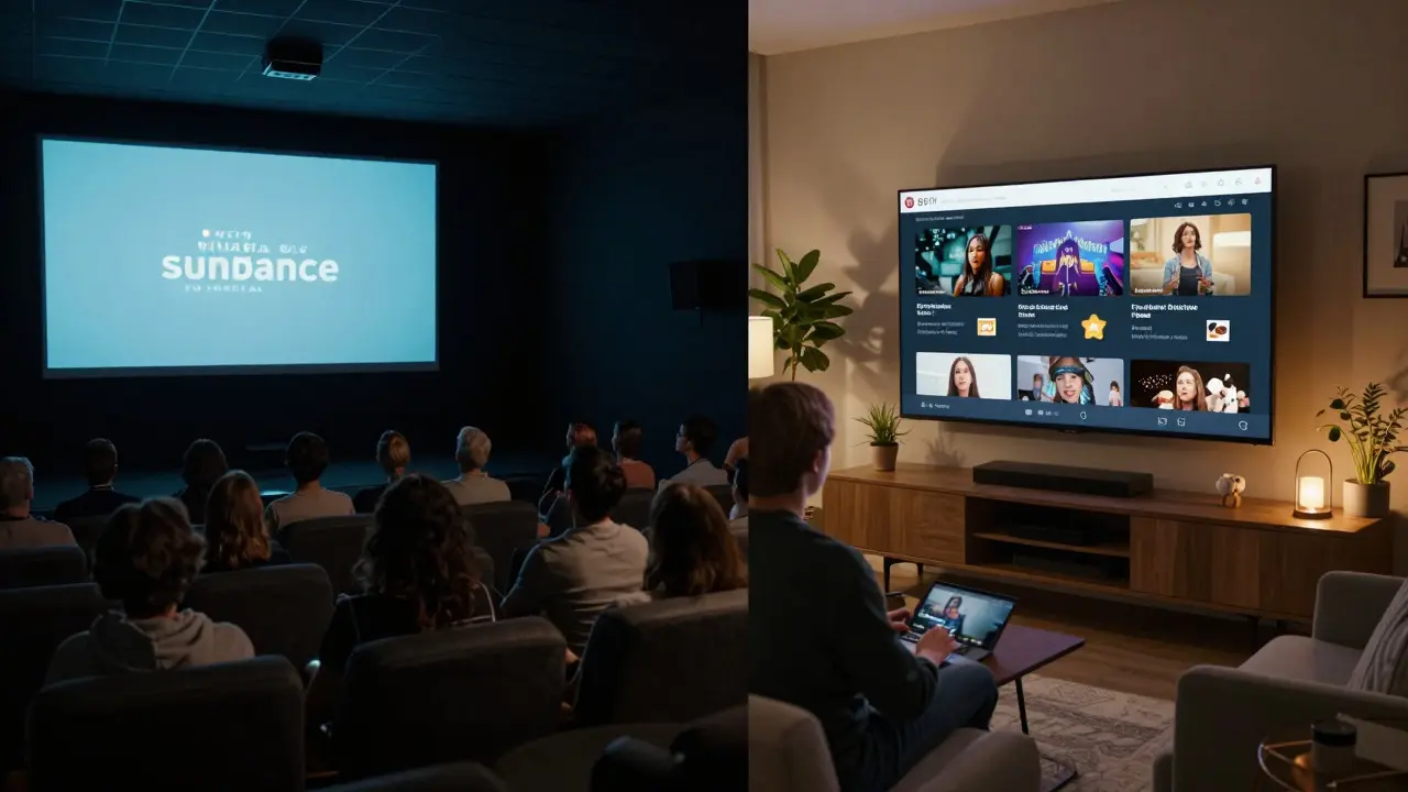 Split image showing an indie movie theater and a home viewer streaming a film