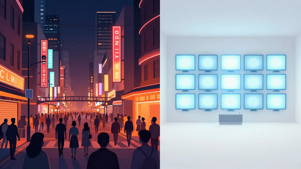 Split image showing busy city street and minimalist digital screens