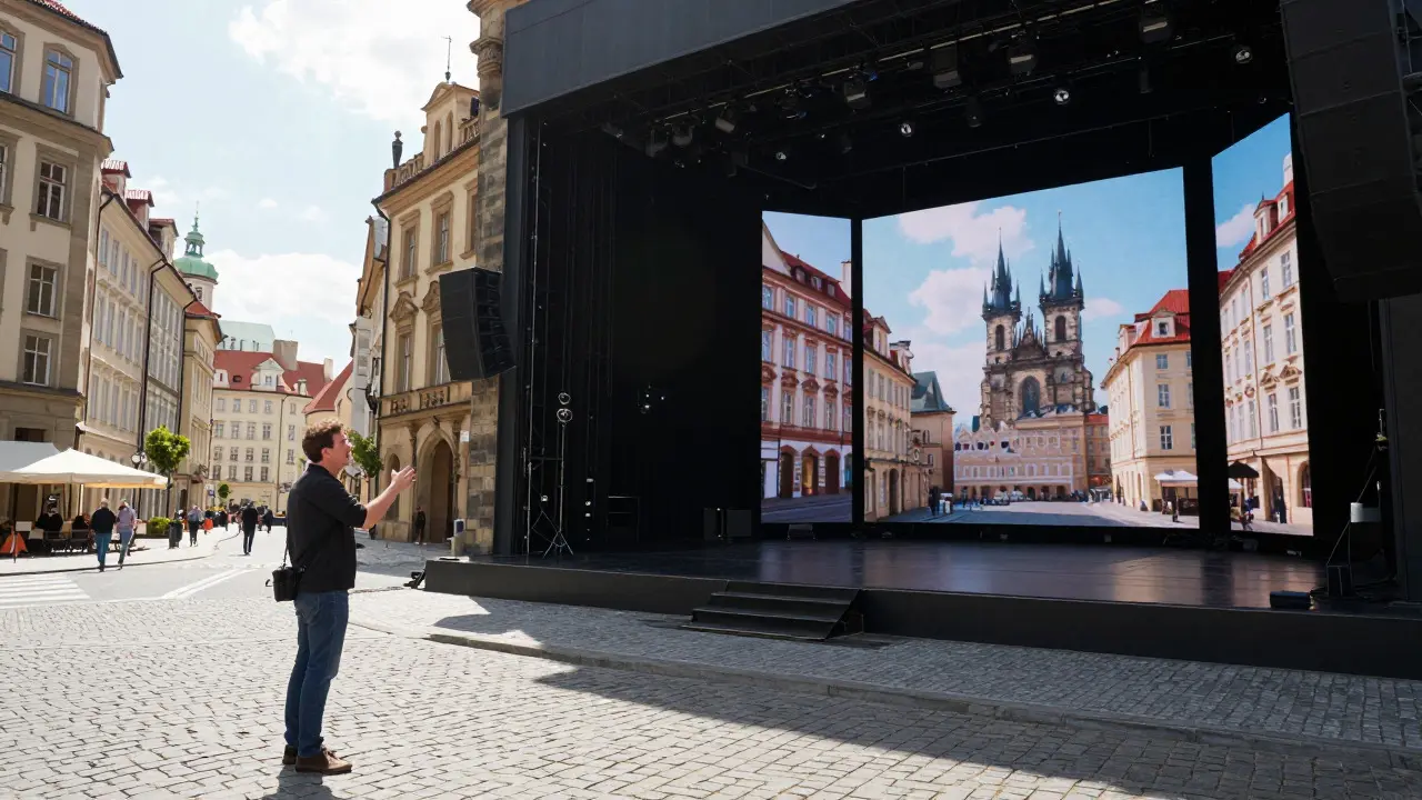 Split image showing outdoor filming versus indoor LED virtual production