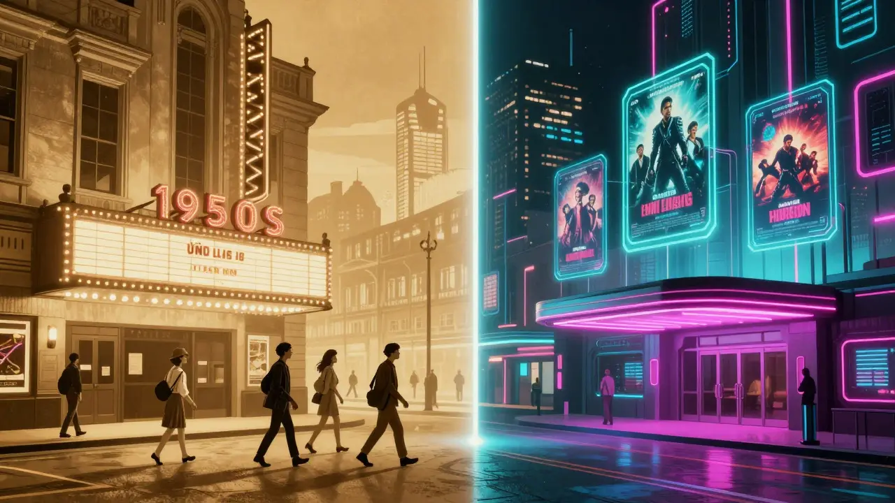 Split image showing vintage cinema and futuristic theater concepts