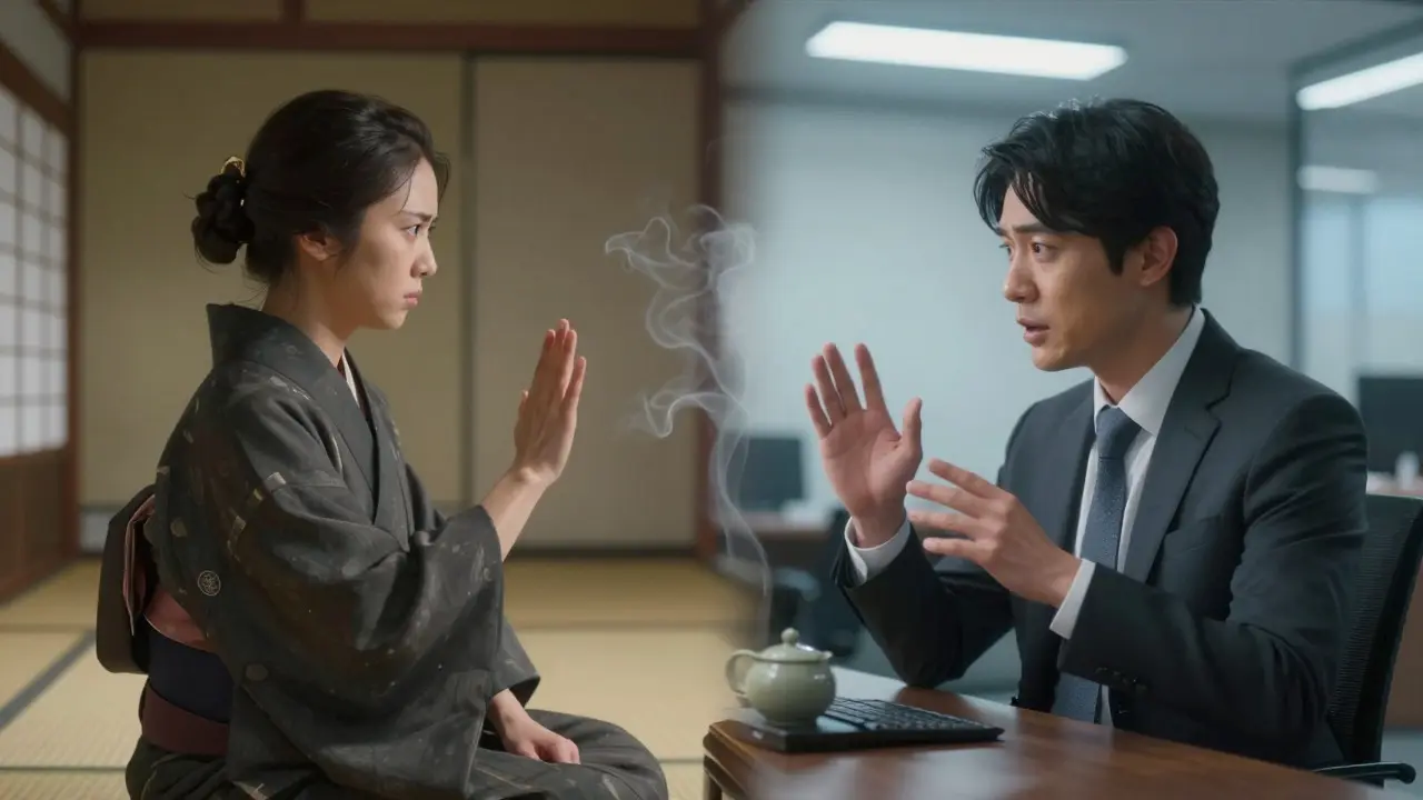 Split scene contrasting subtle body language in Japan with direct speech in the US, showing visual vs verbal cues.