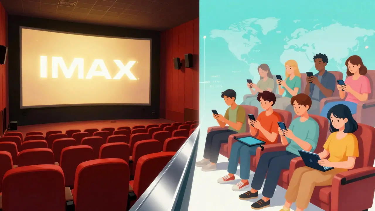 Split-screen art contrasting a grand movie theater with people streaming on phones globally
