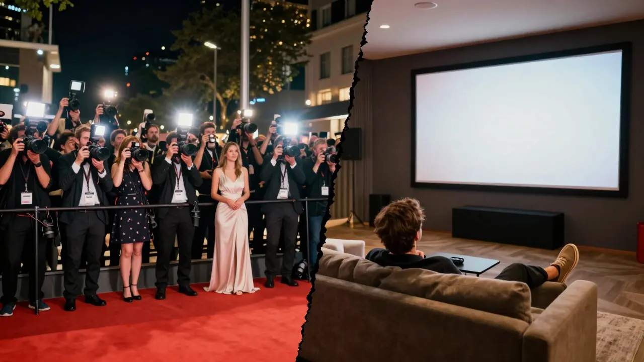 Split screen comparing a busy red carpet premiere on the left with a person streaming a movie at home on the right
