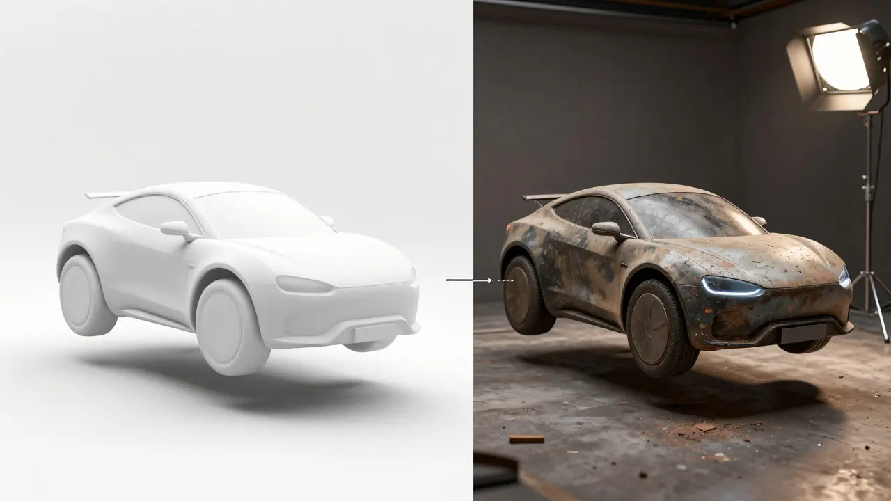 Split screen comparing a smooth digital car model with a weathered physical prop