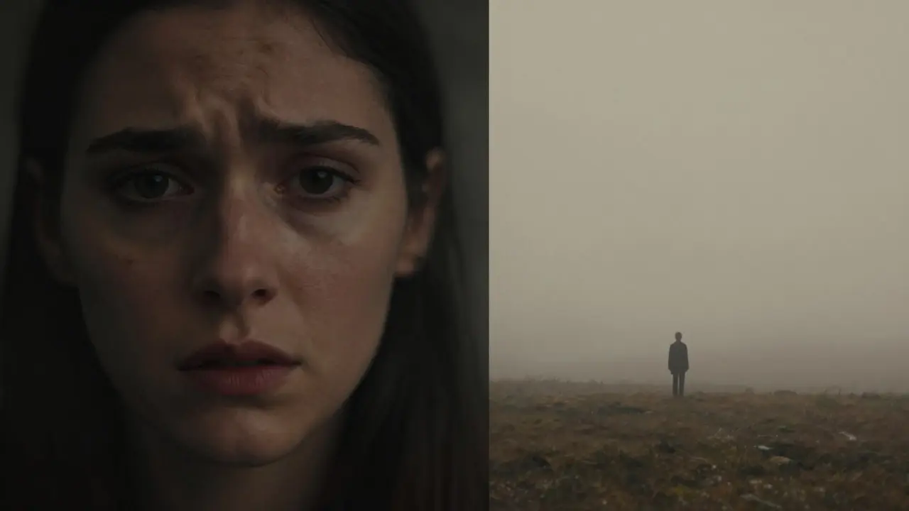Split screen comparing close-up emotional acting with wide serene landscape