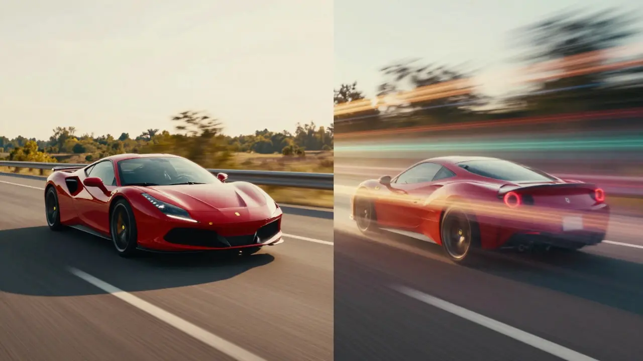 Split screen comparing sharp vs blurred motion of a red sports car