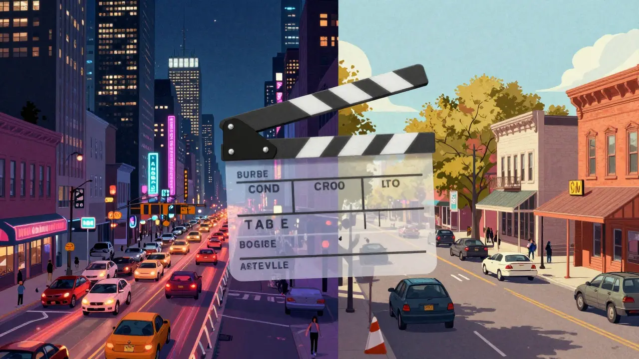 Split-screen comparison of a busy city street and a quiet small-town road