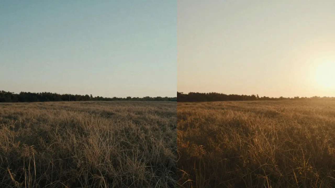 Split-screen comparison of clean digital imagery versus organic film grain