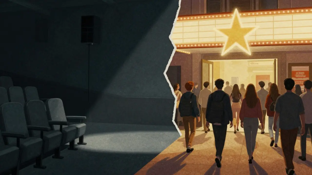 Split-screen concept art showing an empty theater seat versus a crowded entrance