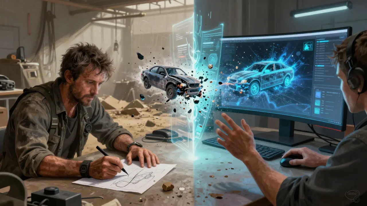 Split-screen illustration showing stunt planning merging with digital VFX simulation