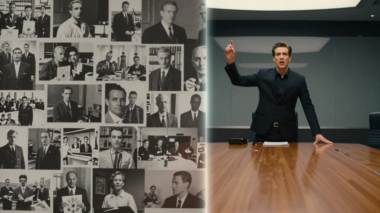 Split screen showing black and white archives on left and colorful dramatic scene on right