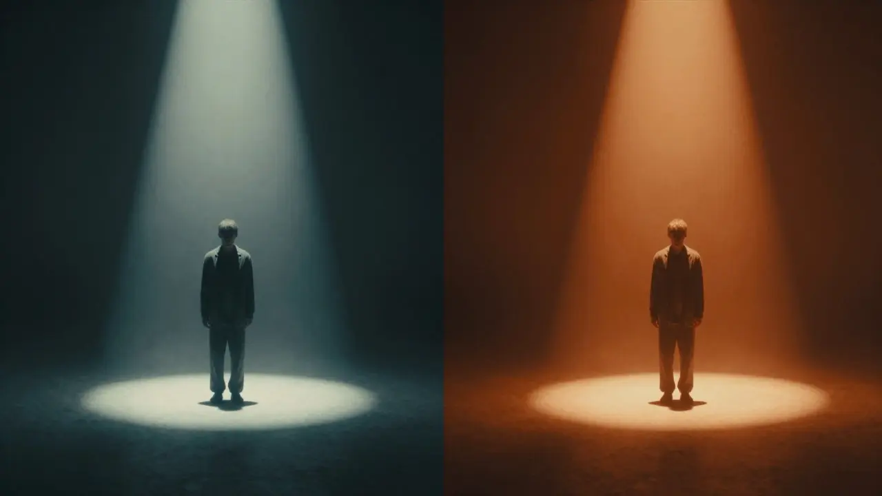 Split screen showing the same scene in cold blue tones versus warm orange cinematic styles
