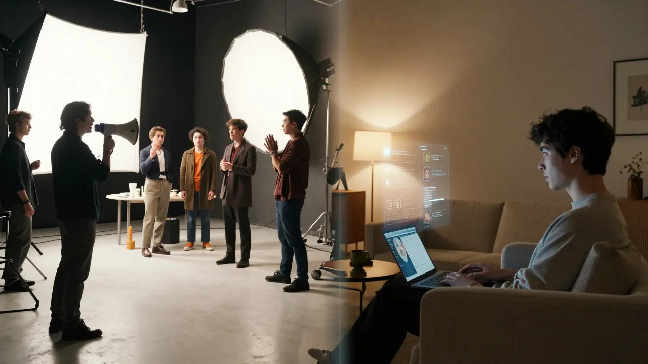 Split view comparing a busy movie set with a calm home streaming environment