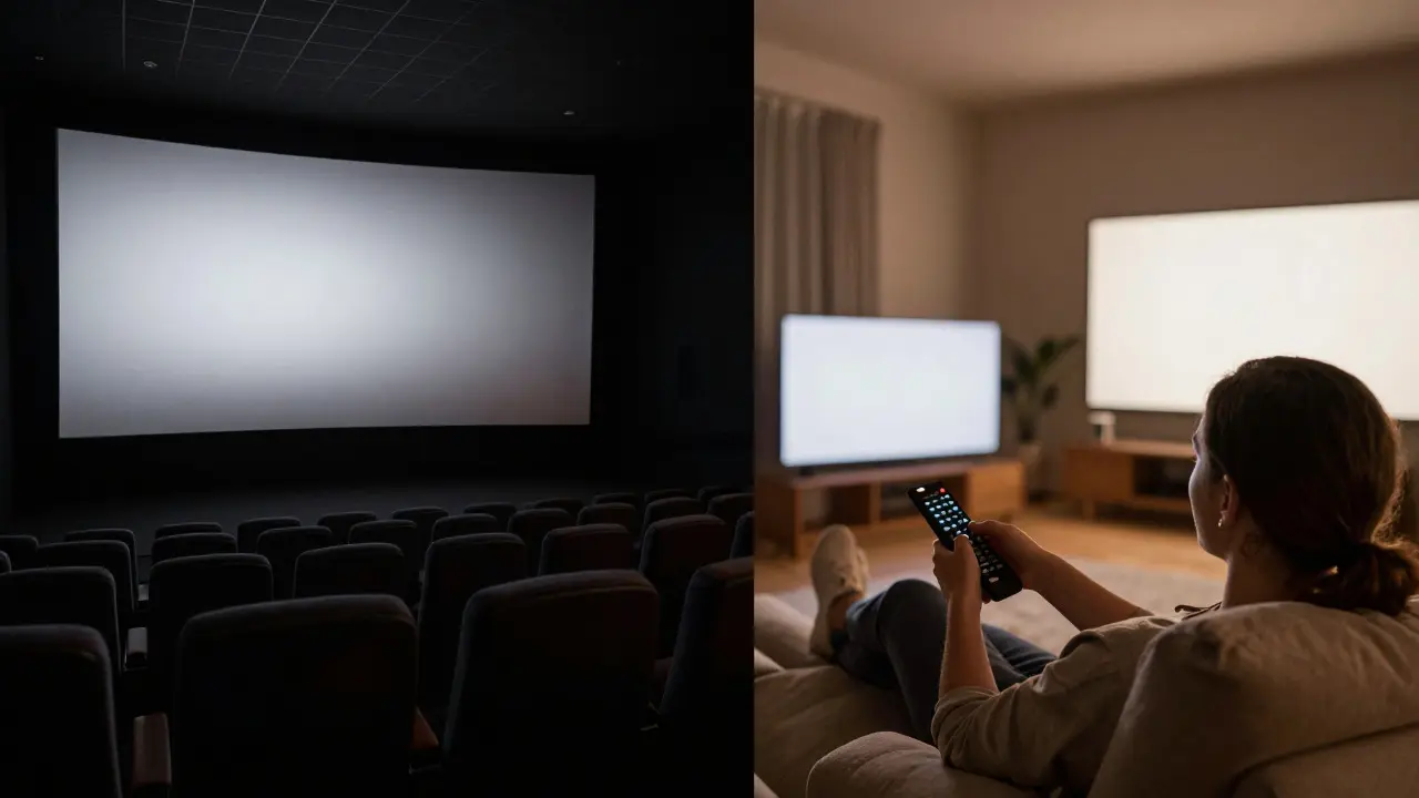 Split view comparing a dark movie theater with an empty room to a person watching TV at home