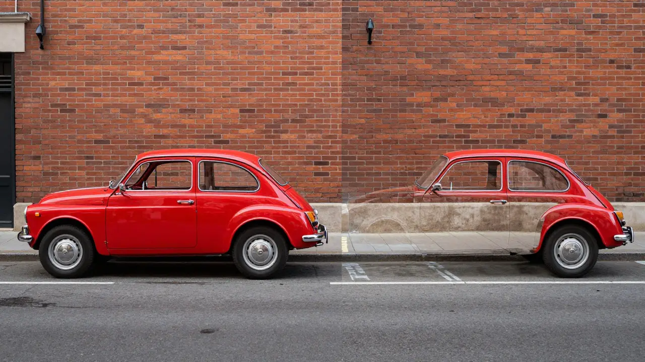 Split view comparing a street scene with a red car and the same scene with the car removed via clean plate.