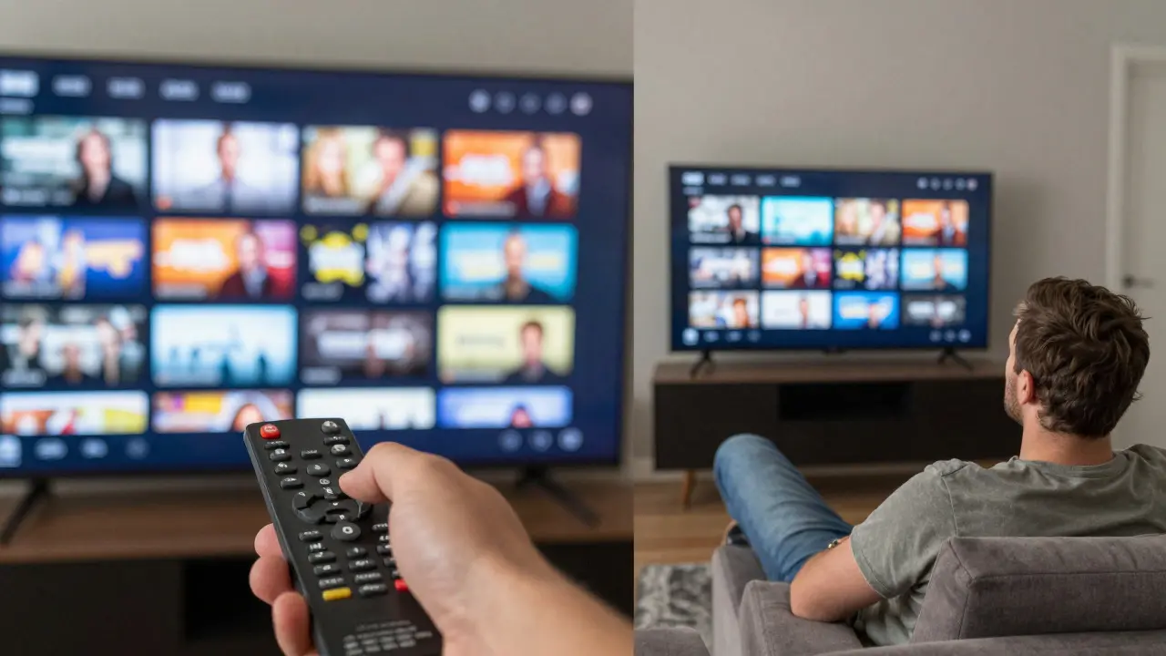 Split view comparing the stress of searching for content versus the relaxation of passive linear viewing.