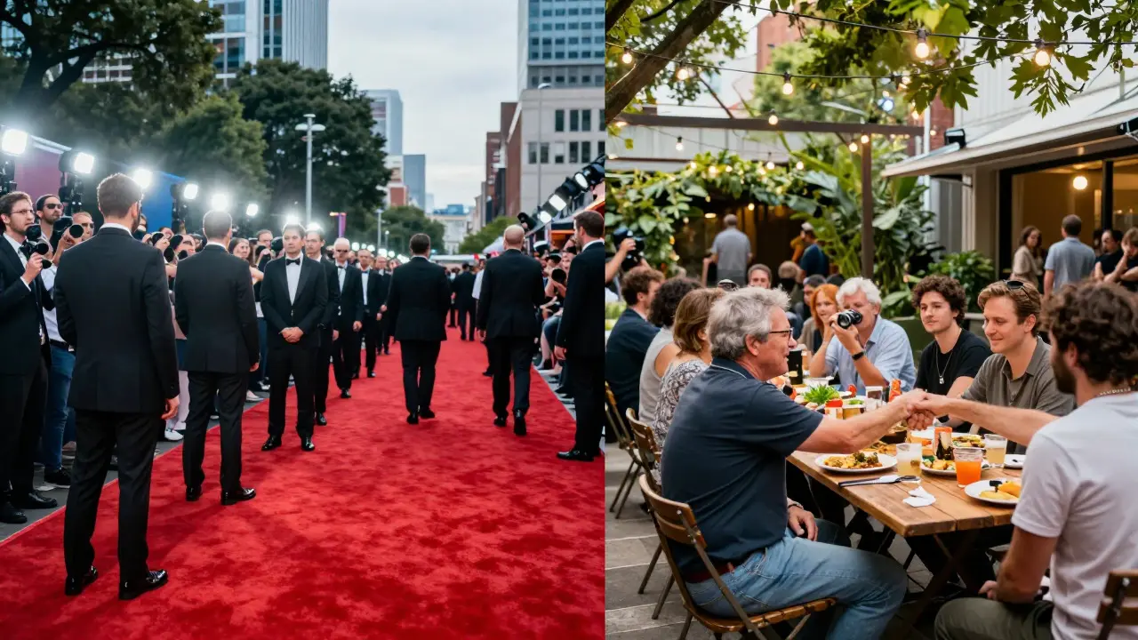 Split view contrasting a glitzy red carpet event with a relaxed outdoor networking gathering in a city courtyard.