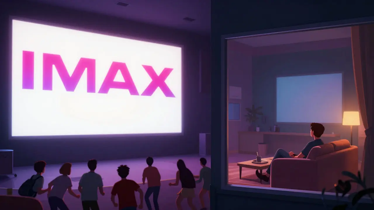 Split view contrasting a large IMAX screen with a home streaming setup