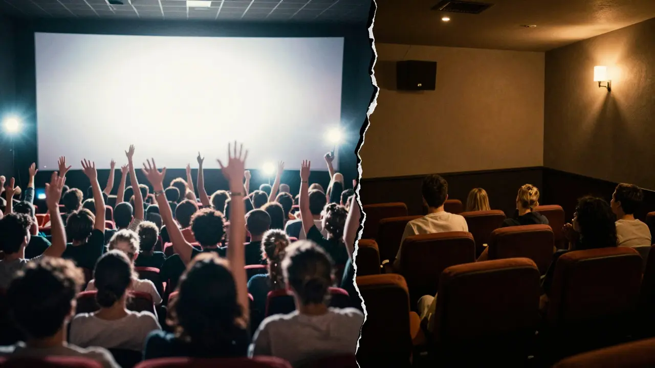 Split view contrasting a loud blockbuster theater with a quiet indie film screening