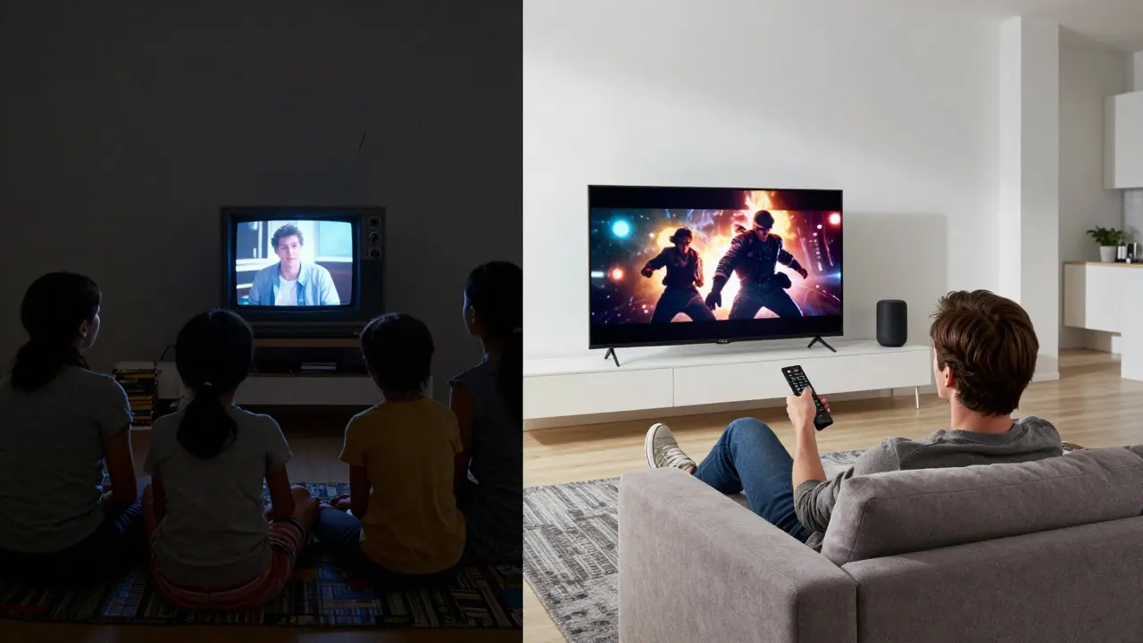 Split view of a 1980s living room TV and a modern streaming setup