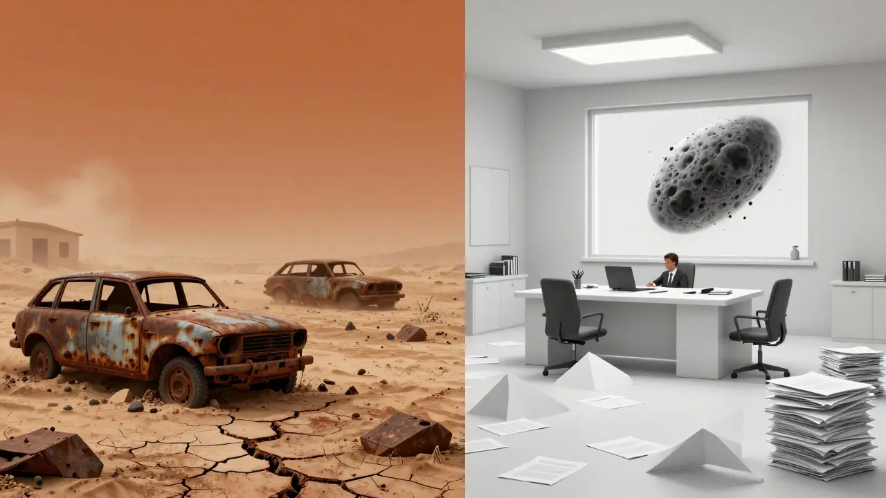 Split view of a dusty wasteland and a cluttered office with an asteroid outside the window