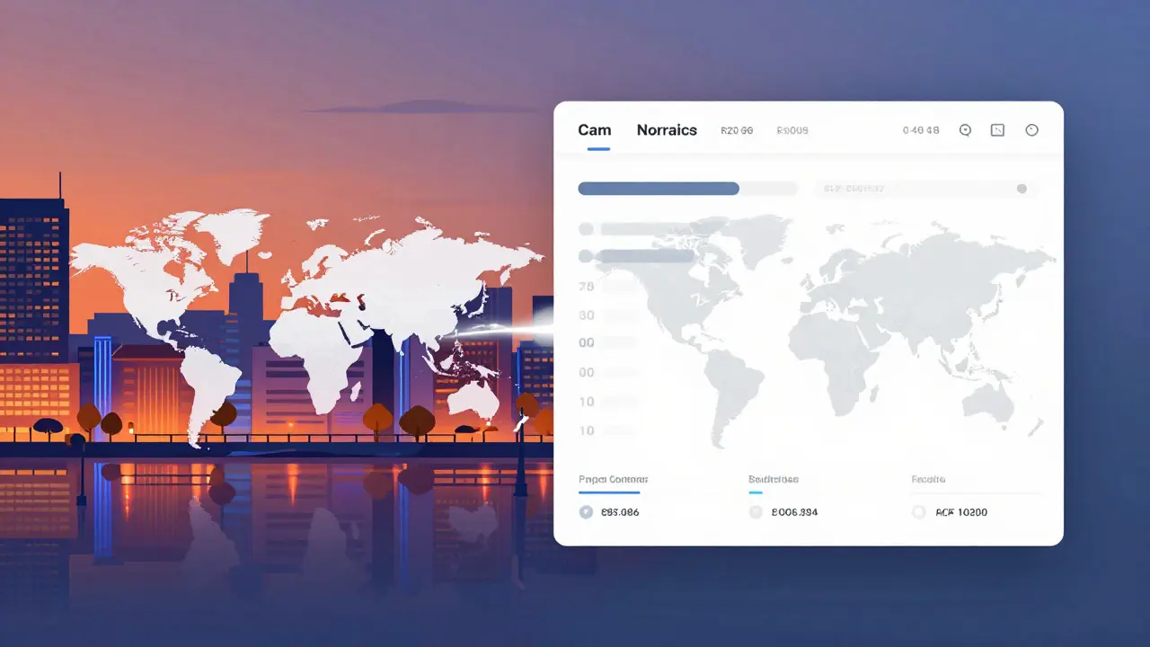 Split view of a global city and a streaming data dashboard