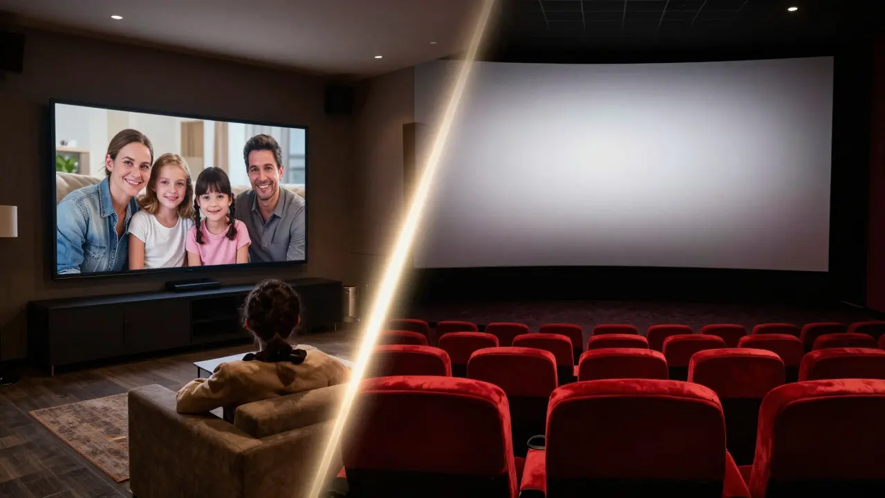 Split view of a home living room and an empty cinema auditorium