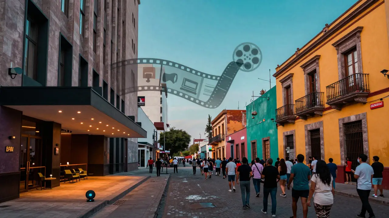 Split view of a luxury cinema lobby and a vibrant local theater facade