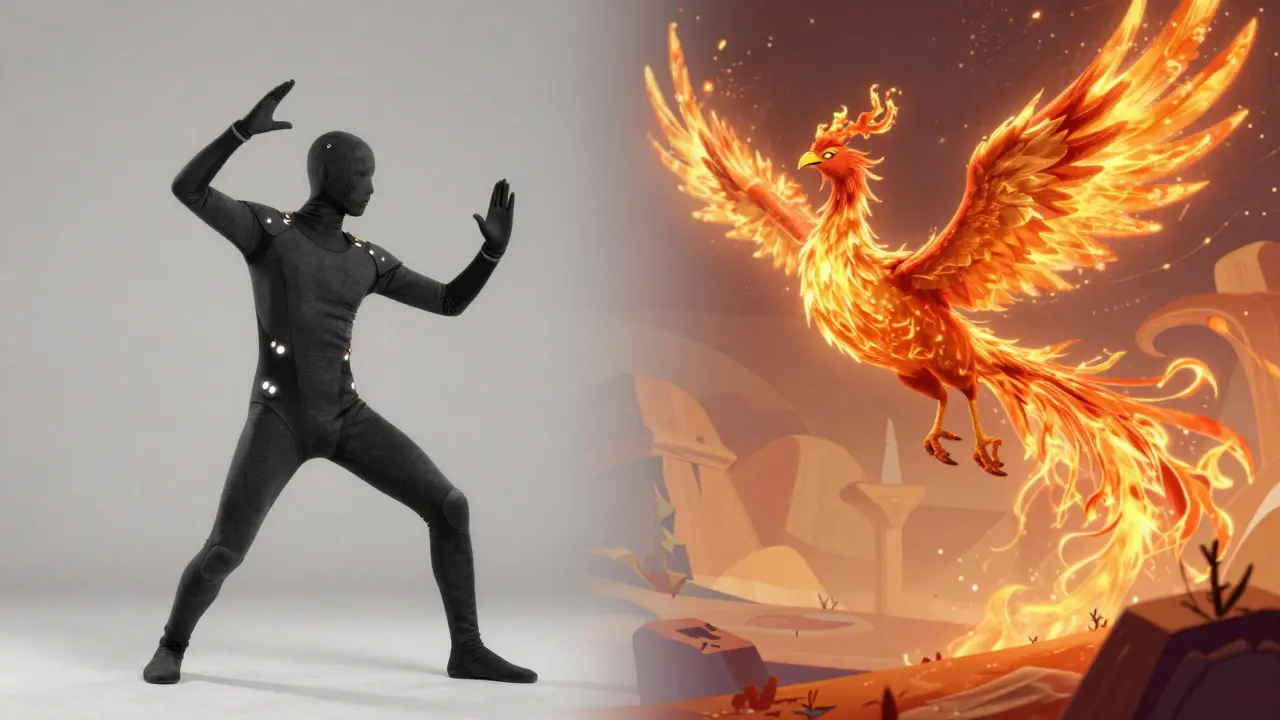 Split view of a motion capture actor and a fiery phoenix in flight