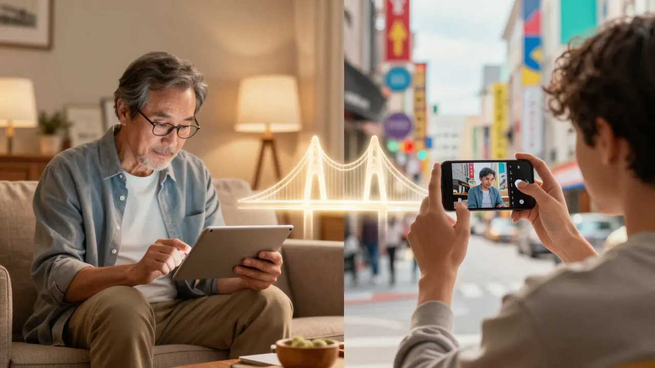 Split view of older and younger audiences using digital devices