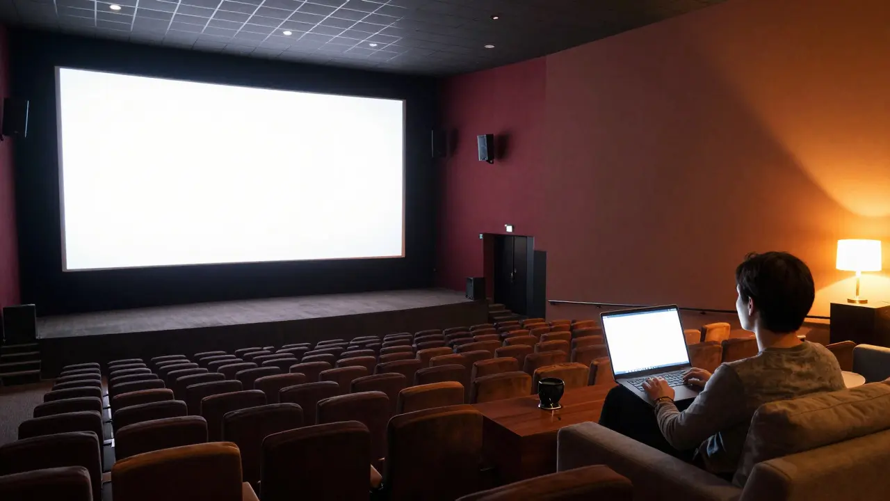 Split view showing a movie theater screen and a person watching on a laptop