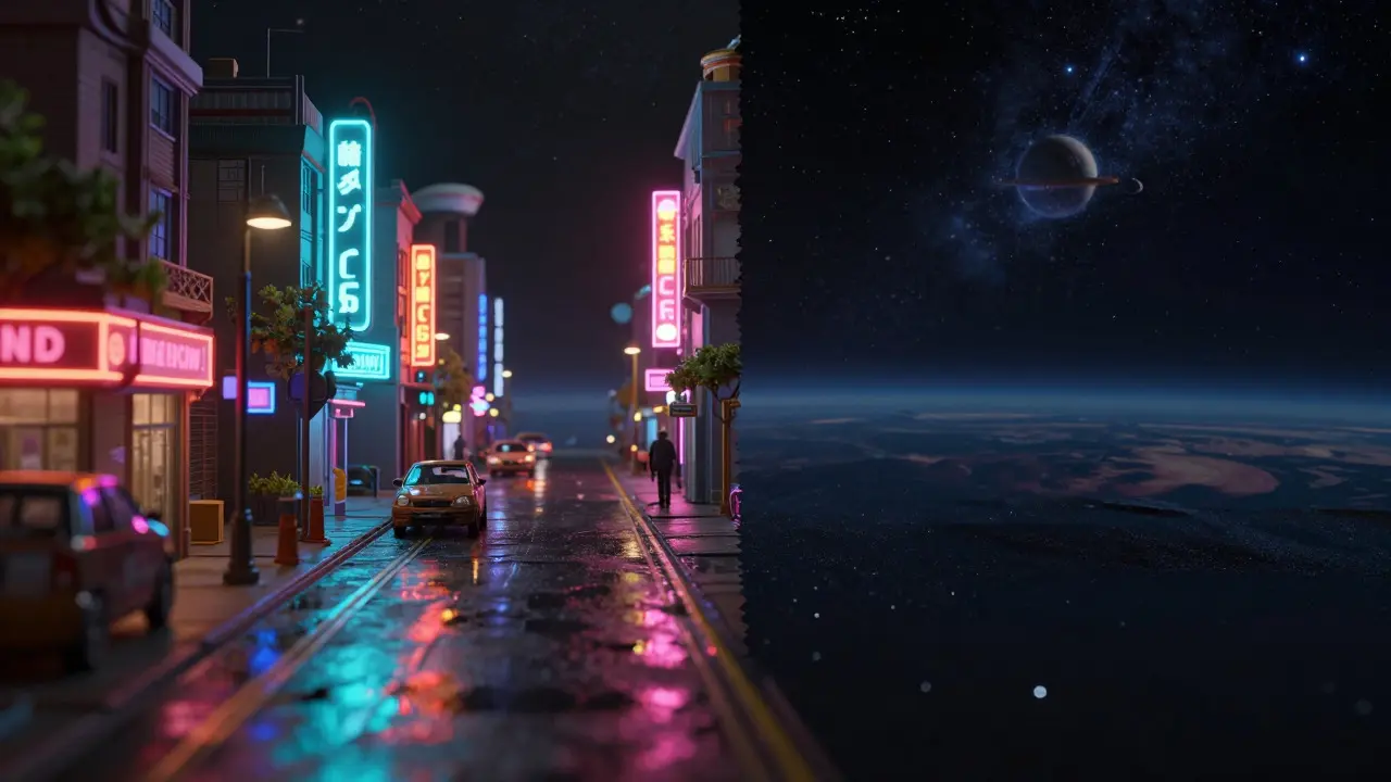 Split view showing a physical miniature blending into a digital space environment