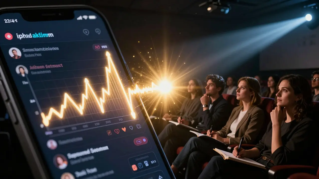 Split view showing social media activity on one side and a press screening room on the other
