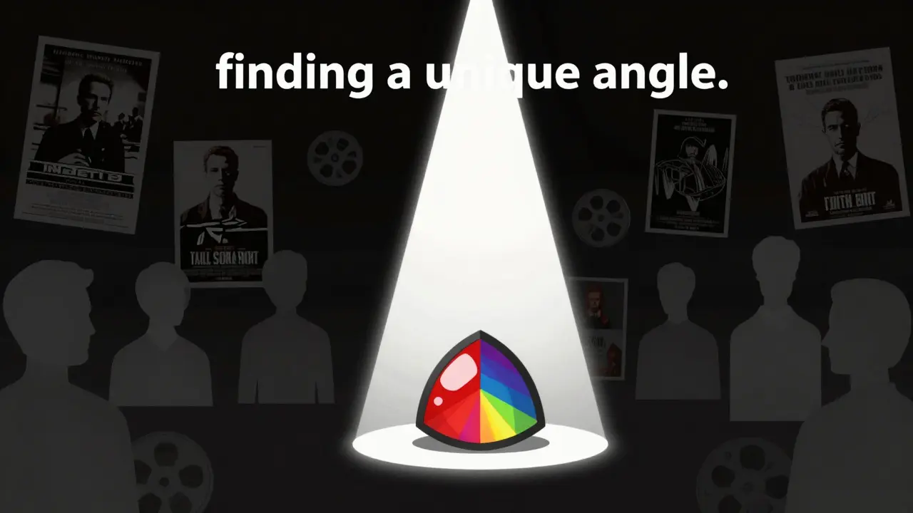 Spotlight shining through a red prism amidst grey film reel silhouettes