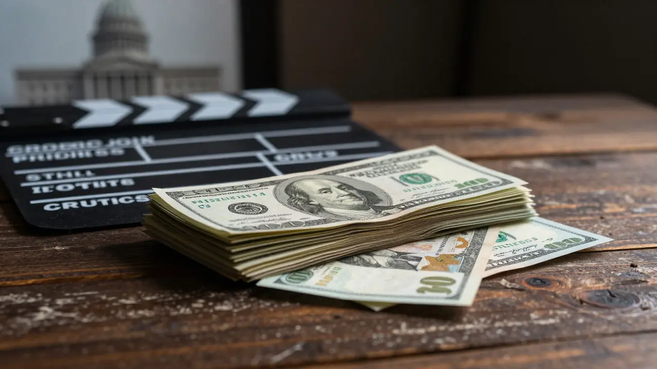 Stack of cash and a clapperboard on a desk with a view of a government building