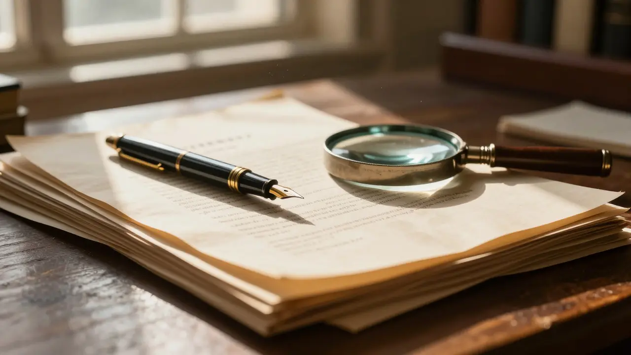 Stack of legal contracts and a magnifying glass on a desk