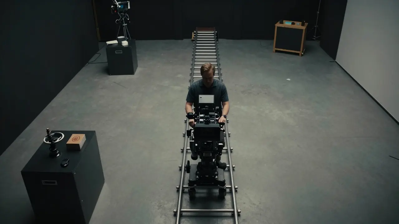 Steadicam operator moving on tracks in a symmetrically framed studio set