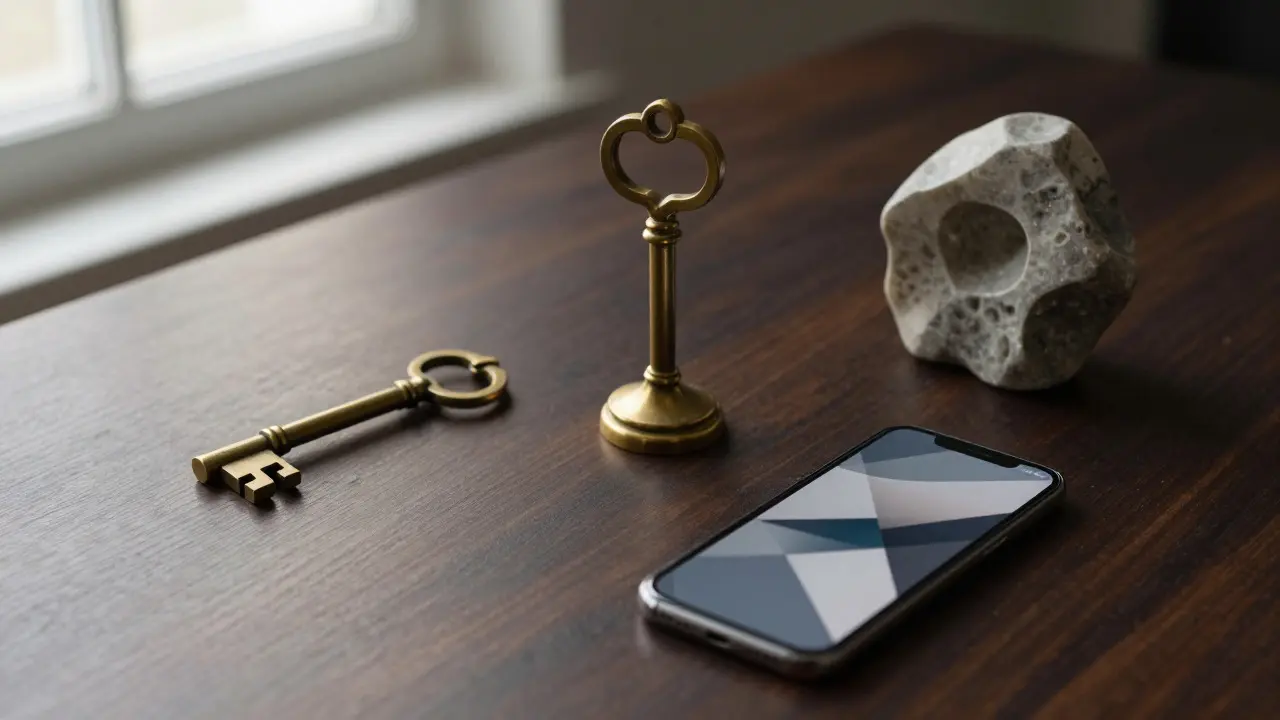 Still life of a key, phone, and sculpture on a table representing narrative strategy