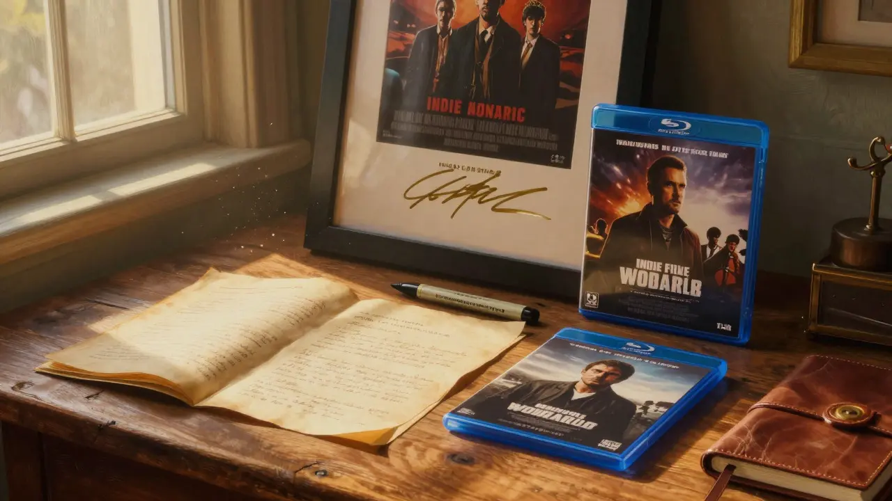 Still life of signed posters, scripts, and Blu-rays on a wooden table