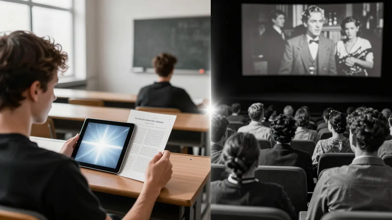Student comparing digital and physical film history resources