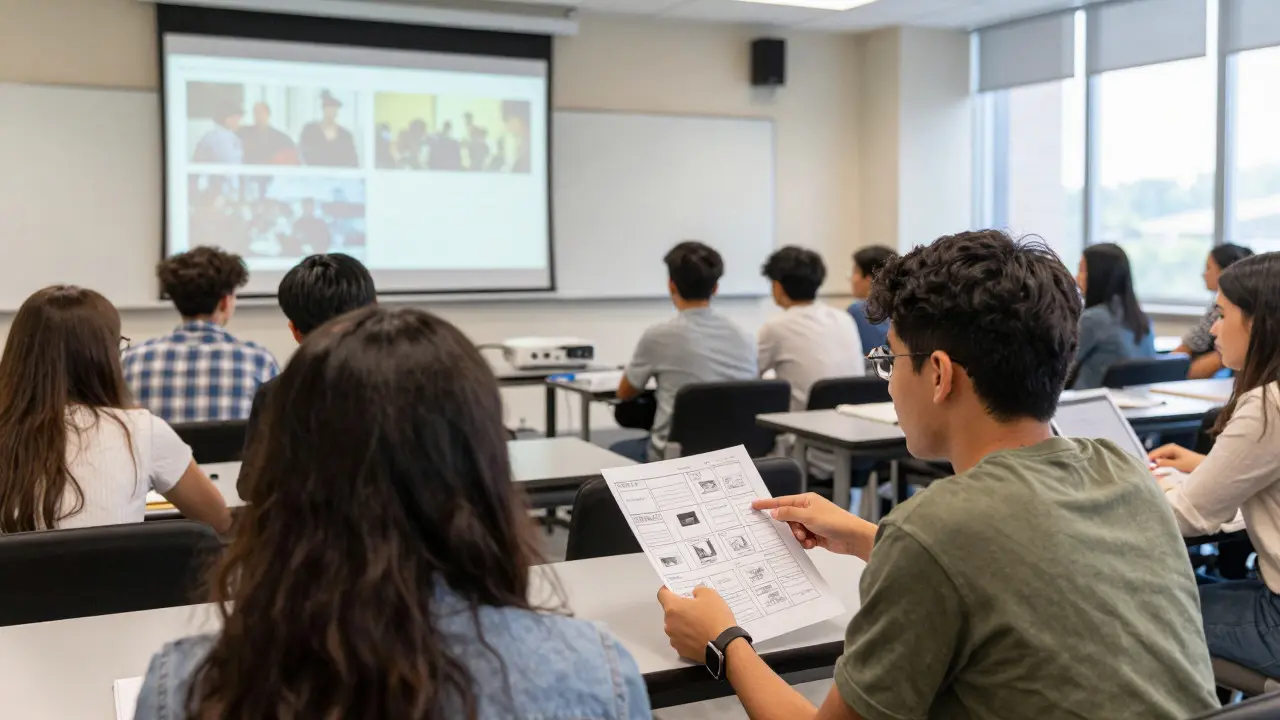 Students discussing film analysis techniques in a bright university classroom