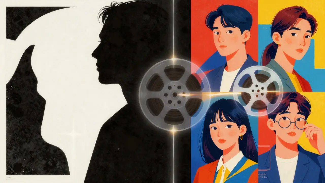 Stylized art showing contrasting movie poster designs from France and Korea