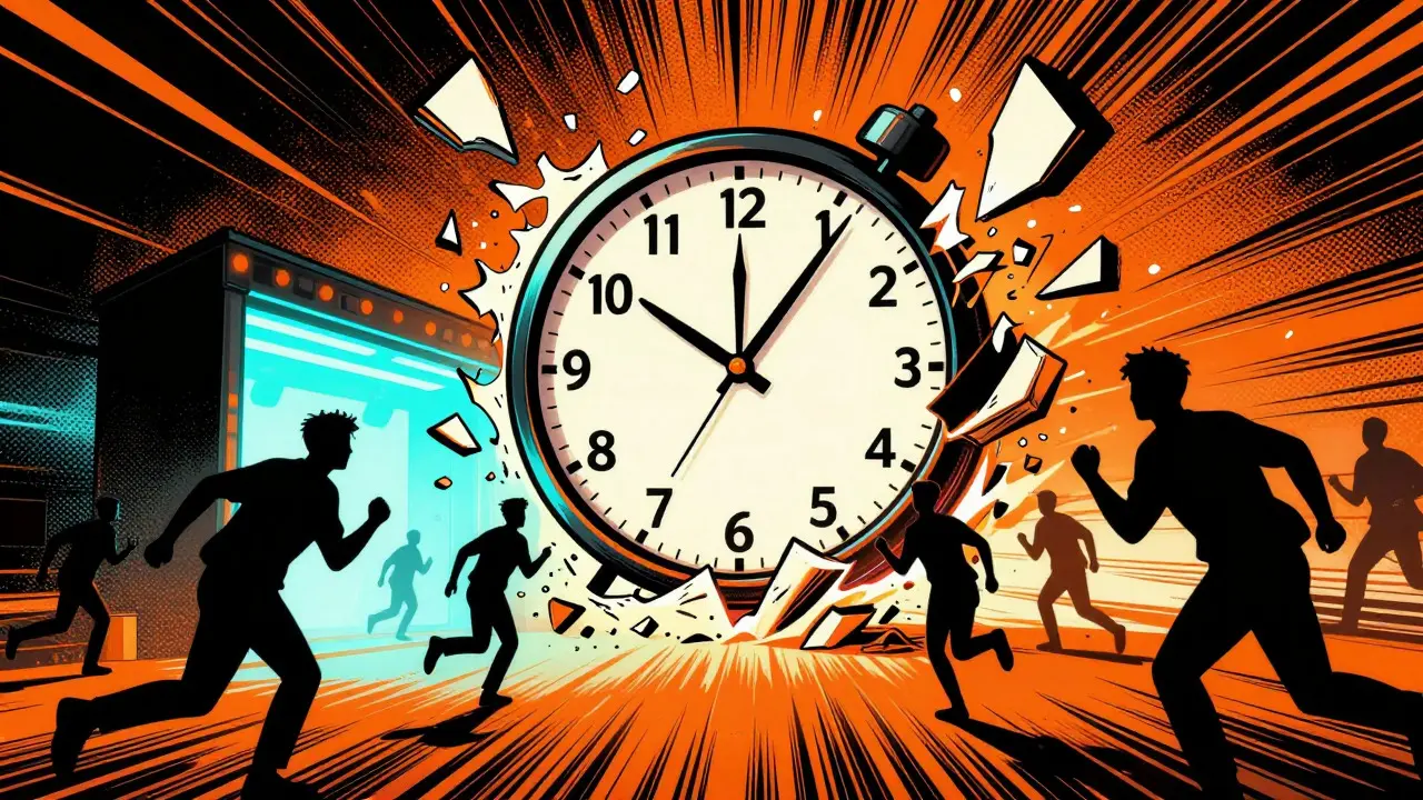 Stylized illustration of a shattering clock surrounded by rushing figures, symbolizing urgent limited-time movie events