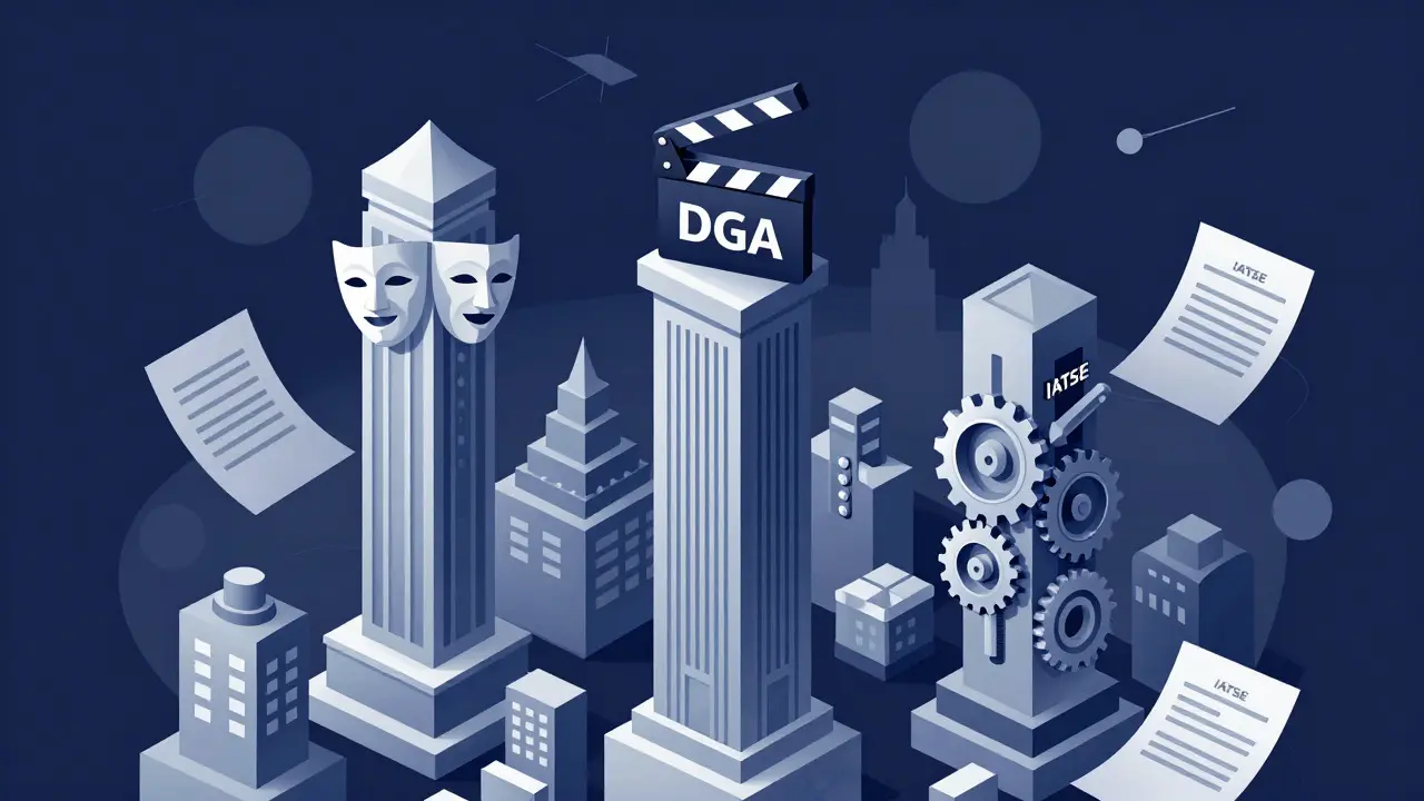 Stylized illustration of three tall structures representing major film unions standing over a city