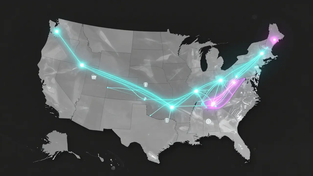 Stylized map showing glowing regional film route connections across the US