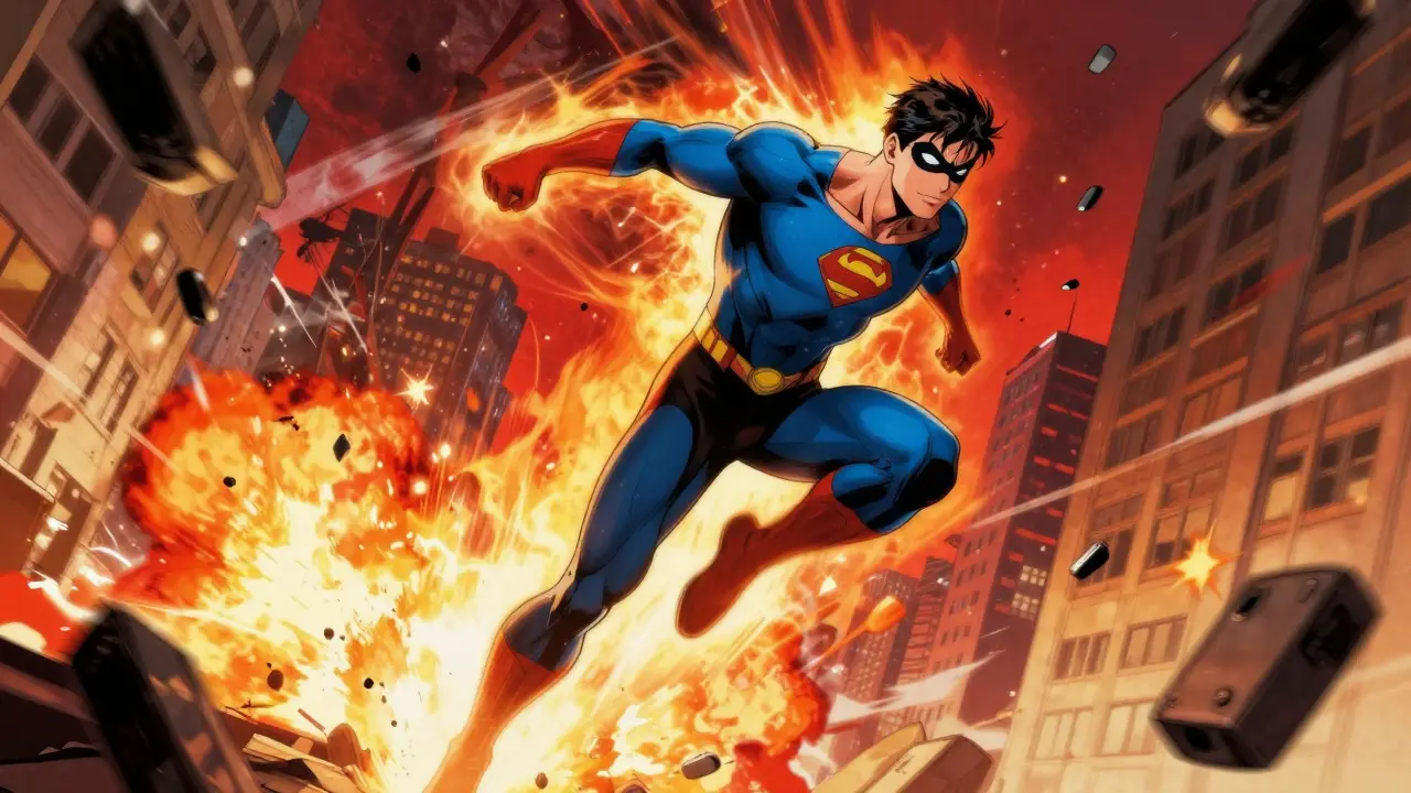 Superhero leaping amidst city explosions in dynamic action pose