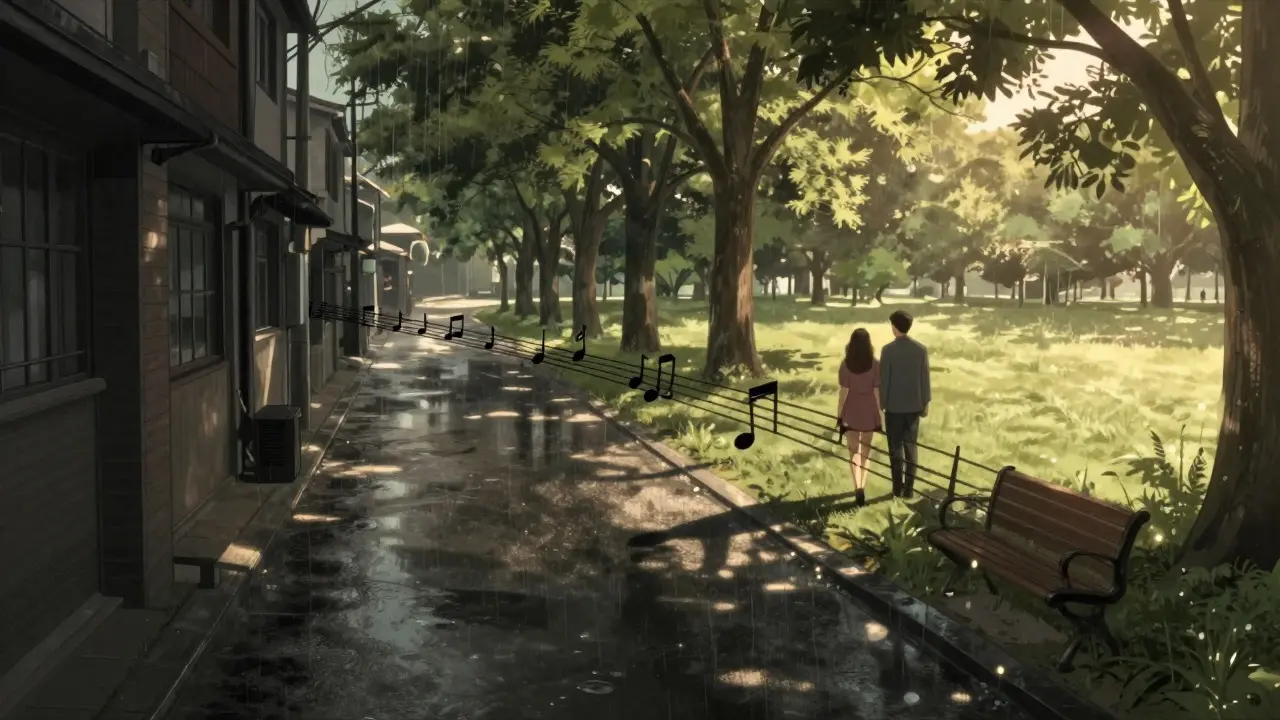 Surreal artwork showing a dark alley transitioning into a sunny park