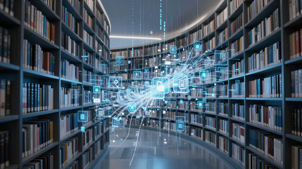 Surreal digital shelf transforming into a vortex of holographic genre icons