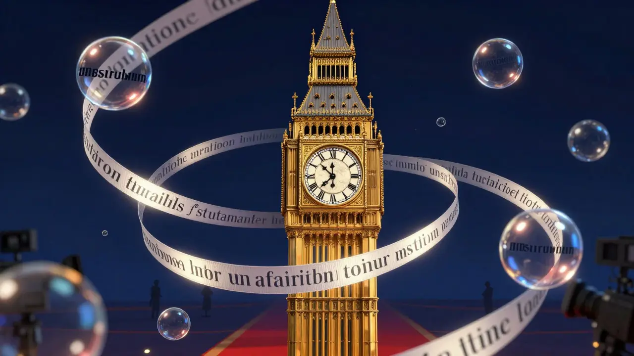 Surreal illustration of a clock surrounded by trapped words, symbolizing embargo restrictions