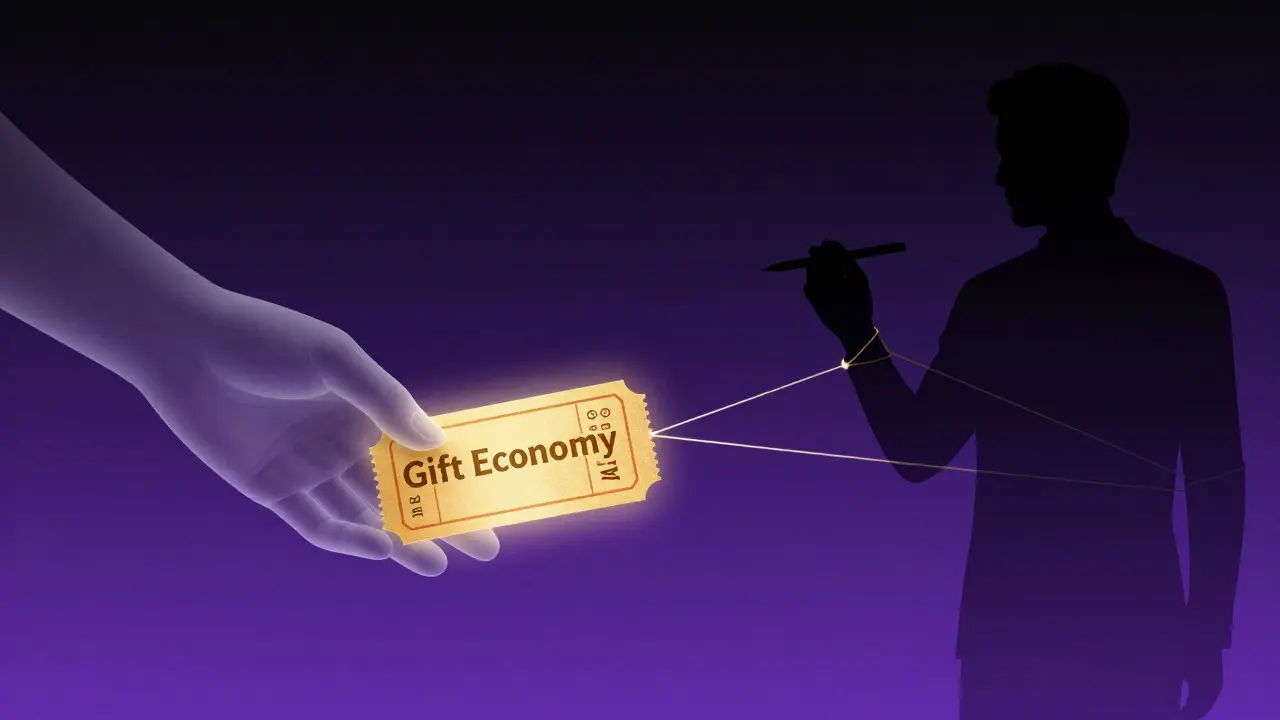 Surreal illustration of a hand offering a glowing ticket tied to a critic's arm